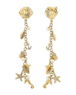 14K Yellow Gold Diamond & Cultured Freshwater Pearl Nautical Charm Linear Drop Earrings