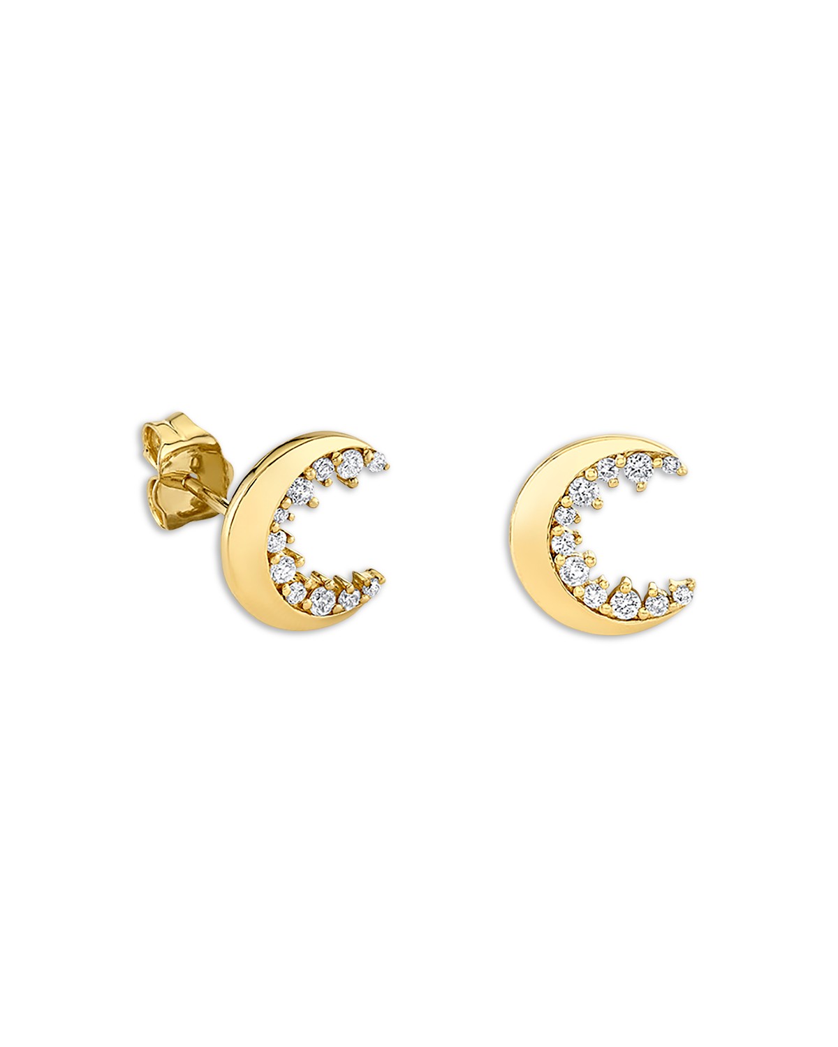 14K Yellow Gold Diamond Crescent Moon Stud Earrings