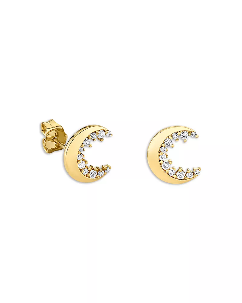 Sydney Evan 14K Yellow Gold Diamond Crescent Moon Stud Earrings
