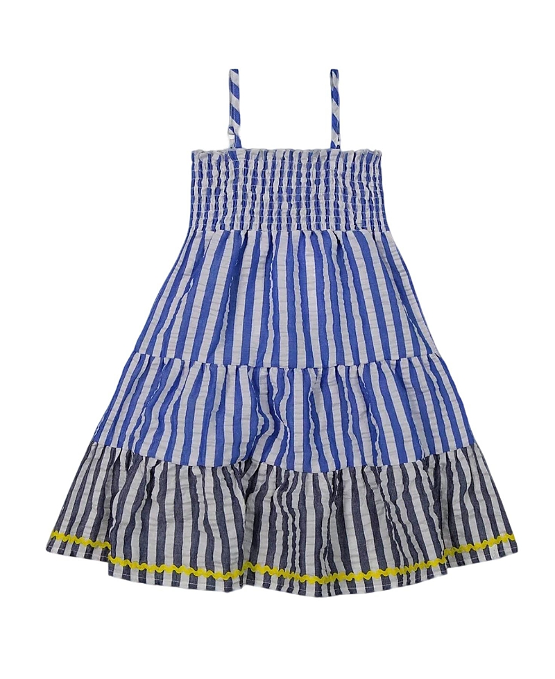Deux Par Deux Girl's Smocked Seersucker Peasant Dress Blue And White Striped