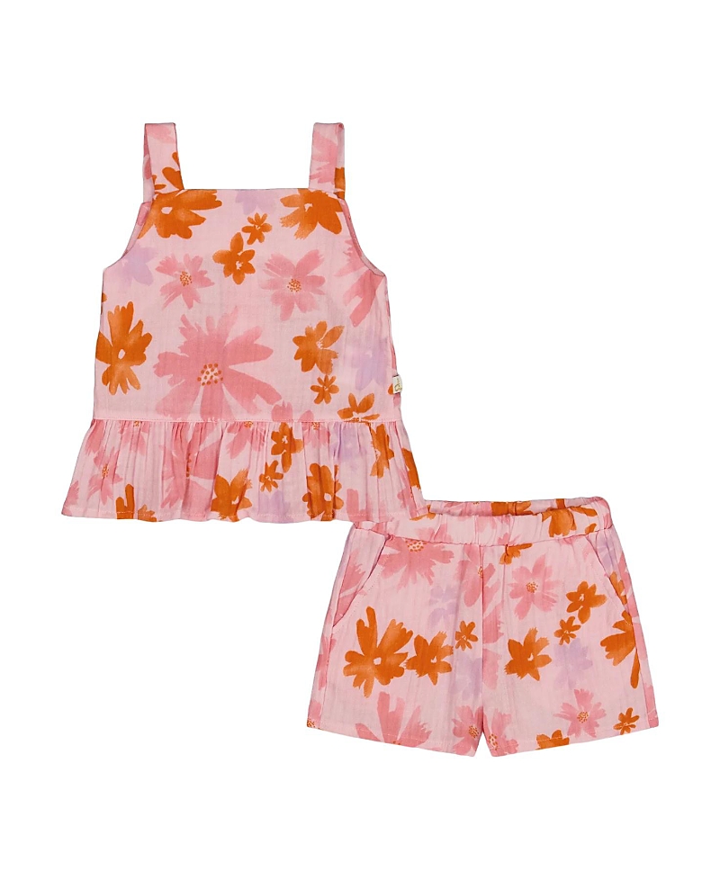 Deux Par Deux Girl's Printed Tank Top And Short Muslin Set With Frills Pink And Coral Flowers