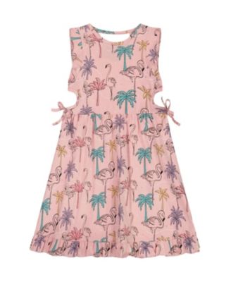 Deux par Deux - Girls' Printed Organic Cotton Dress with Cut Outs Palm Trees and Flamingo - Big Kid