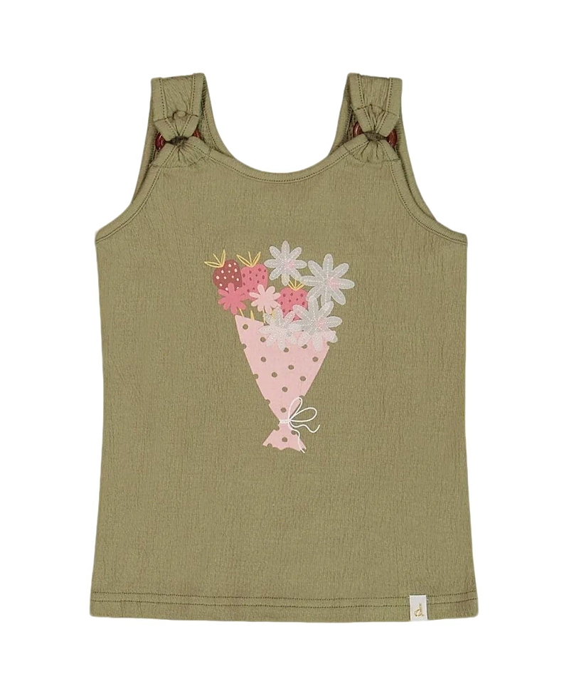 Deux Par Deux Girl's Crinkle Jersey Tank Top Floral Olive Green In Floral Olive Green