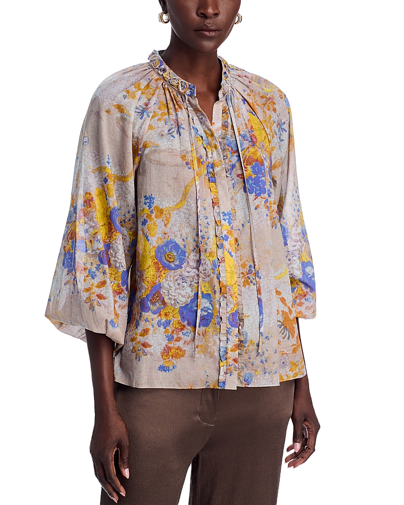 Kobi Halperin Janice Ruffled Tie-neck Floral Cotton Blouse