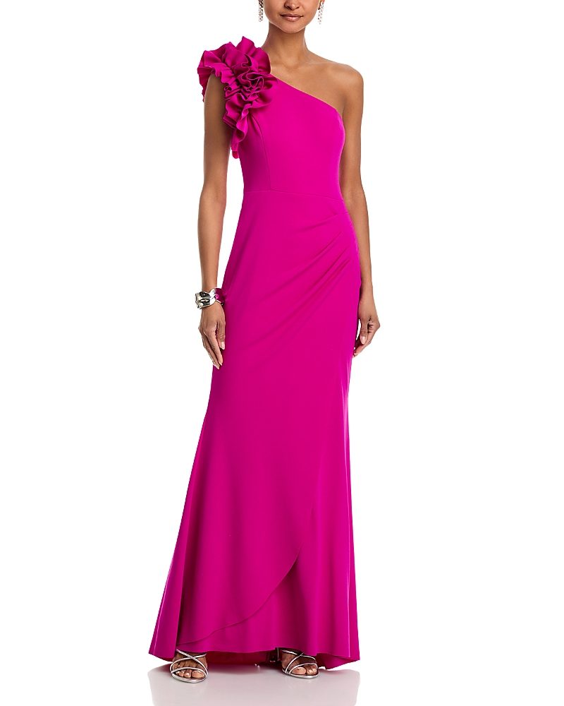 Aqua One Shoulder Ruffle Crepe Gown - Exclusive