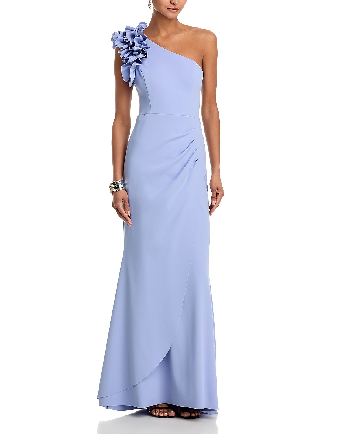 Aqua One Shoulder Ruffle Crepe Gown - Exclusive