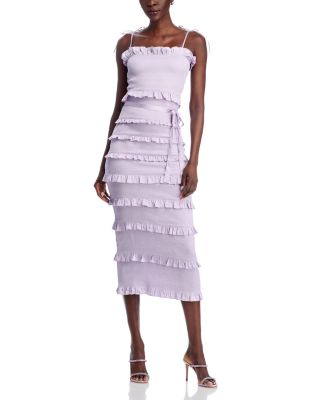 Lily Smocked Floral Print Ruffle Trim Midi Dress