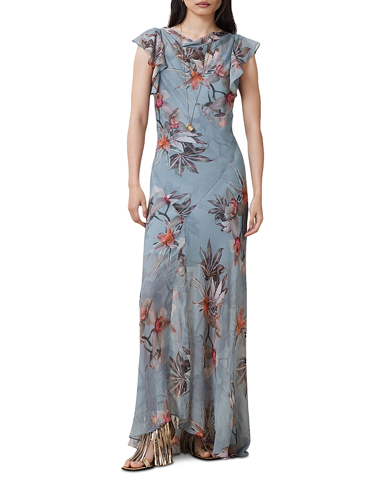 Allsaints Womens Flora Cowl-neck Floral-print Silk-blend Maxi Dress Adena Dusty Bl In Blue
