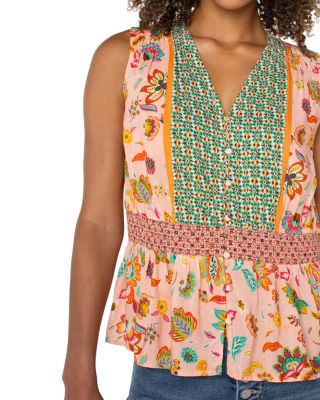 Printed Smocked Waist V Neck Top