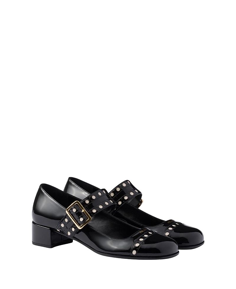 Prada Block Heel Round Toe Patent Finish Studded Detail In Black