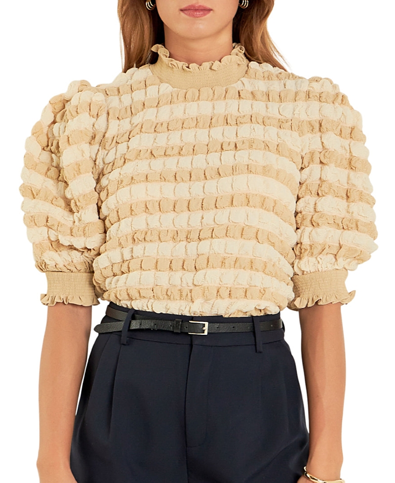 English Factory Women's Textured Mock Neck Short Sleeve Blouse