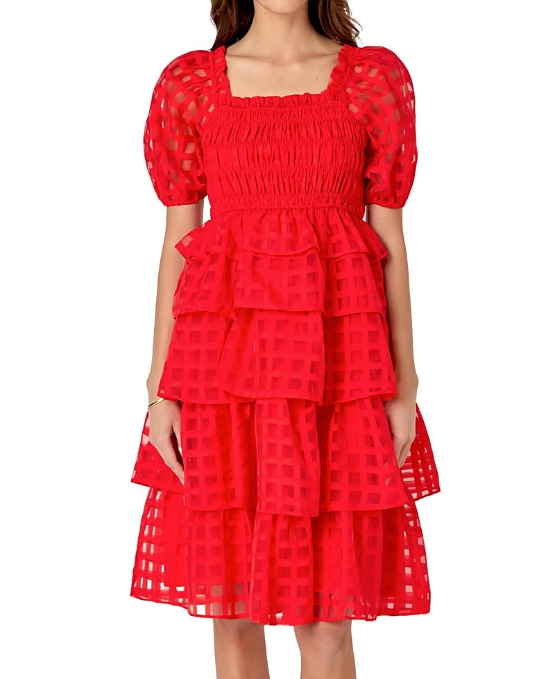 ENGLISH FACTORY WOMEN'S CHECK ORGANZA TIERED MIDI DRESS
