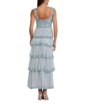 Embellished Net Tiered Ruffle Scoop Neck Gown