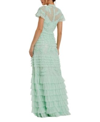 Beaded Mesh High Neck Micro Ruffle Floral Gown