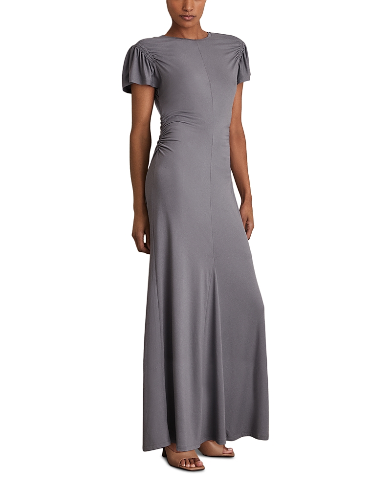 Reiss Womens Grey Helia Round-neck Flutter-sleeve Stretch-jersey Maxi Dress