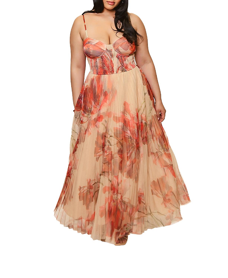 Hutch Brianna Pleated Floral-print Bustier Gown