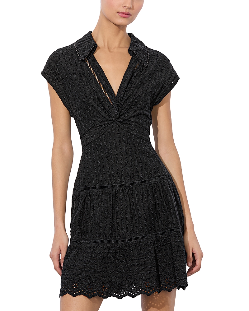 Alice And Olivia Mila Eyelet Deep V Twist-front Mini Dress In Black