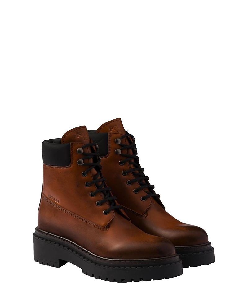 Shop Prada Women's Leather And Re-nylon Booties In Brown