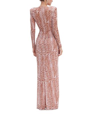 Printed Long Sleeve Deep V Maxi Dress