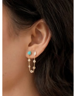 Turquoise & Cubic Zirconia Chain Connected Double Stud Earrings