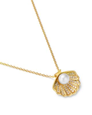 Akoya Pearl & Diamond Shell Pendant Necklace in 14K Yellow Gold, 16-18"