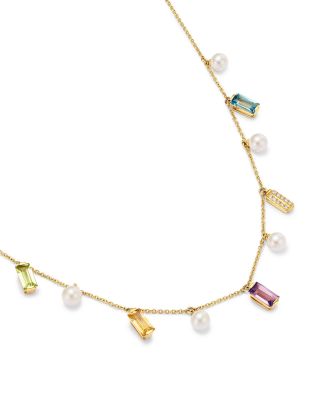 Multi Gemstone, Freshwater Pearl & Diamond Dangle Collar Necklace in 14K Yellow Gold, 16"