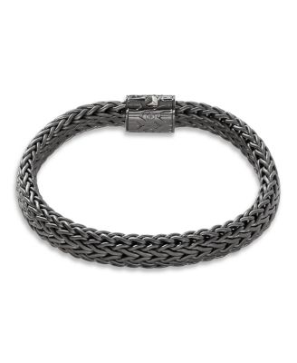  Men's Blackened Sterling Silver Classic Chain Large Flat Link Bracelet with Black Sapphire