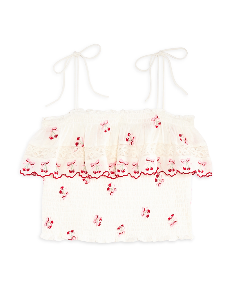 LOVESHACKFANCY LOVESHACKFANCY GIRLS' FATIMA CHERRY EMBROIDERED SMOCKED TOP - BIG KID