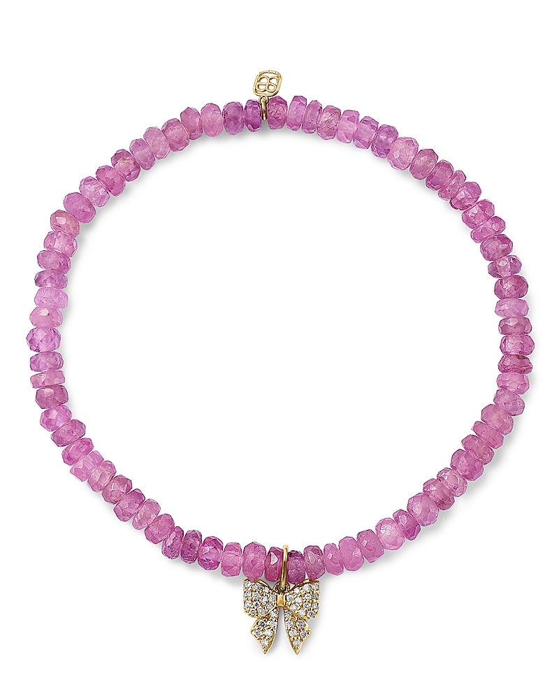 Sydney Evan 14k Yellow Gold Pink Sapphire Rondelle & Diamond Bow Charm Stretch Bracelet