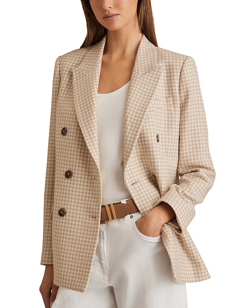 Reiss Neutral Check Petite Double Breasted Check Blazer With Wool