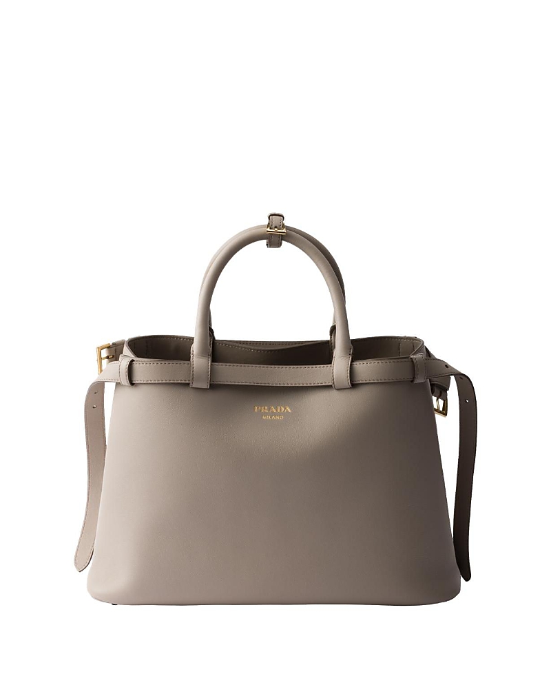 Prada Buckle Medium Leather Handbag With Double Belt In Gray