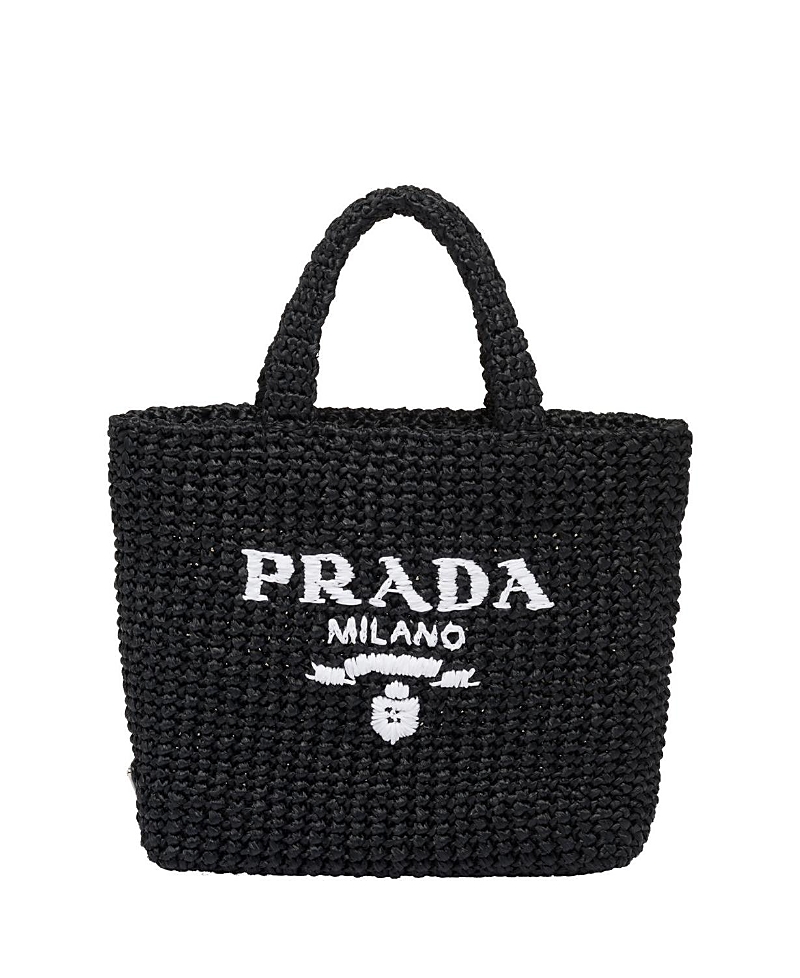 Prada Logo Striped Raffia Shoulder Bag In Black