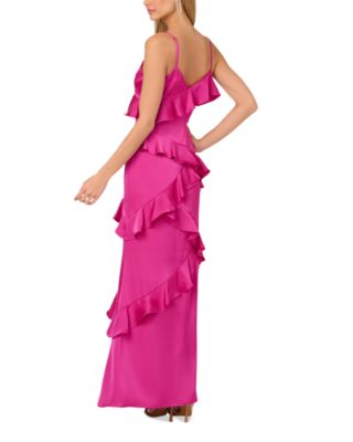 Stretch Satin Ruffle Long Dress