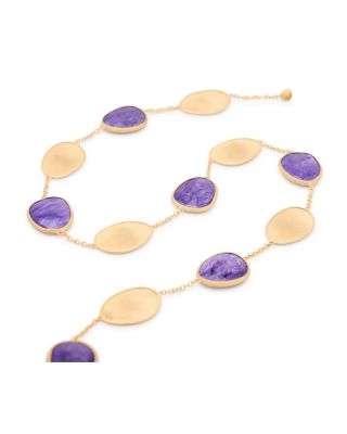 18K Yellow Gold Lunaria Charoite & Textured Petal Long Statement Necklace, 36"