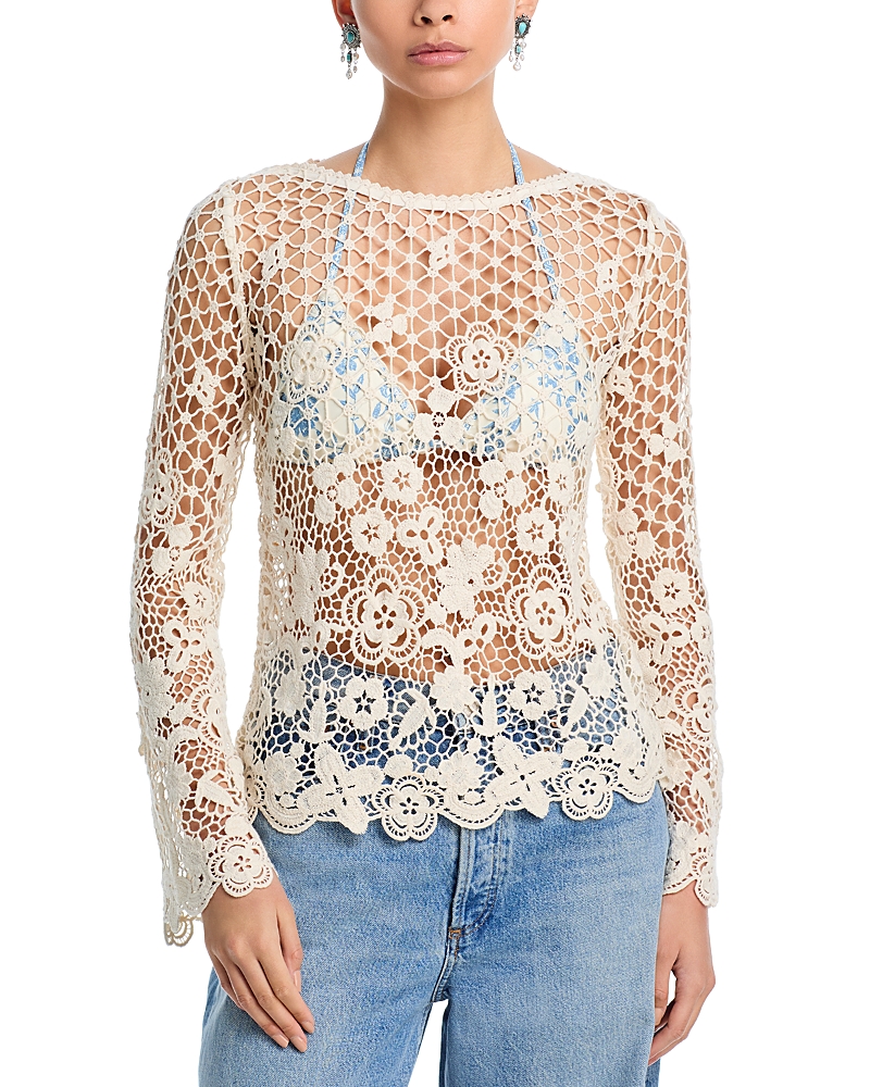 Aqua x Ava Phillippe Crochet Boat Neck Bell Sleeve Top - Exclusive