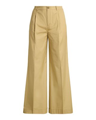 Pleated Cotton Twill Wide Leg Pants