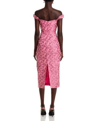 Amina Pink Floral Sequin Off-the-Shoulder Midi Dress