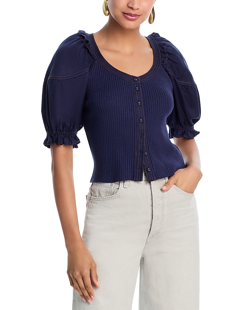 Aqua Mixed Media Puff Sleeve Top - Exclusive In Blue