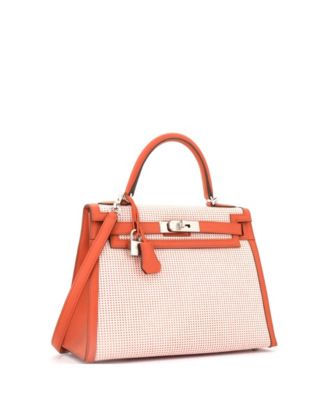 Kelly 28 Handbag Quadrille Canvas and Orange Swift with Palladium Hardware