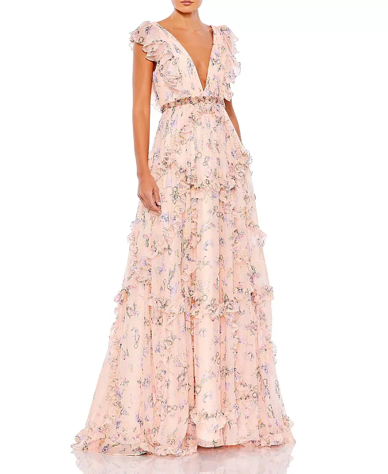 Mac Duggal Ruffled Floral Print Cap Sleeve Gown