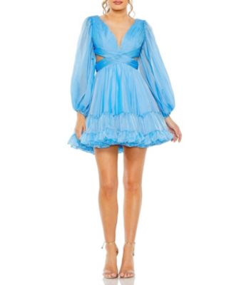 Mac Duggal - Flirty Chiffon Mini Dress with Puff Sleeves, Tiered Skirt & Daring Lace-Up Back