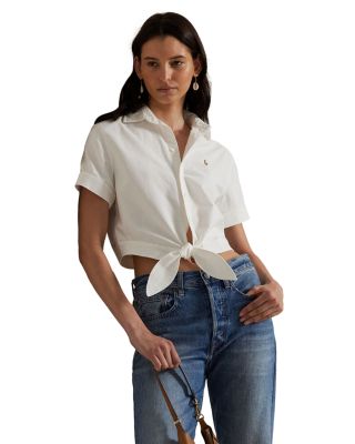 売れ筋商品|||ラルフローレン シャツ レディース トップス COTTON OXFORD TIE FRONT CROPPED SHIRT - Button-down blouse - blue Ralph Lauren Cotton Oxford Tie Front Cropped Shirt