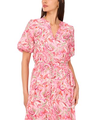 Printed Split Neck Puff Sleeve Dress