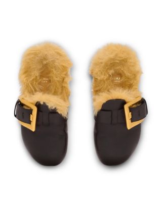 Women's Flat Leather and Faux Fur Mules