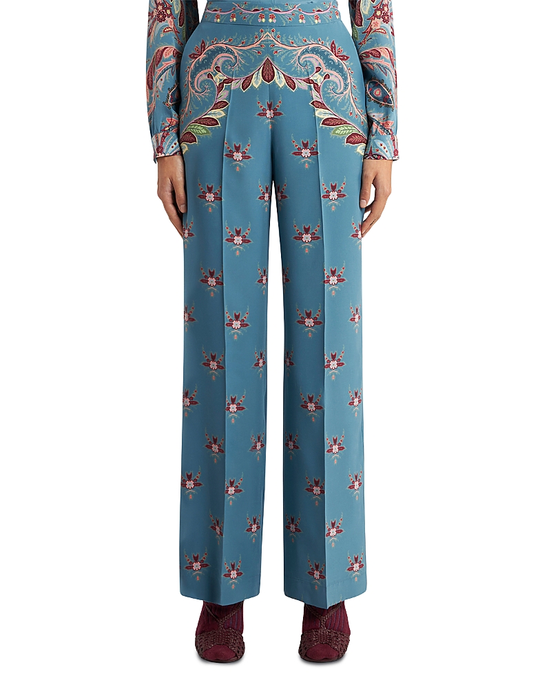 Etro Largo Floral Paisley Silk Straight-leg Pants In Blue