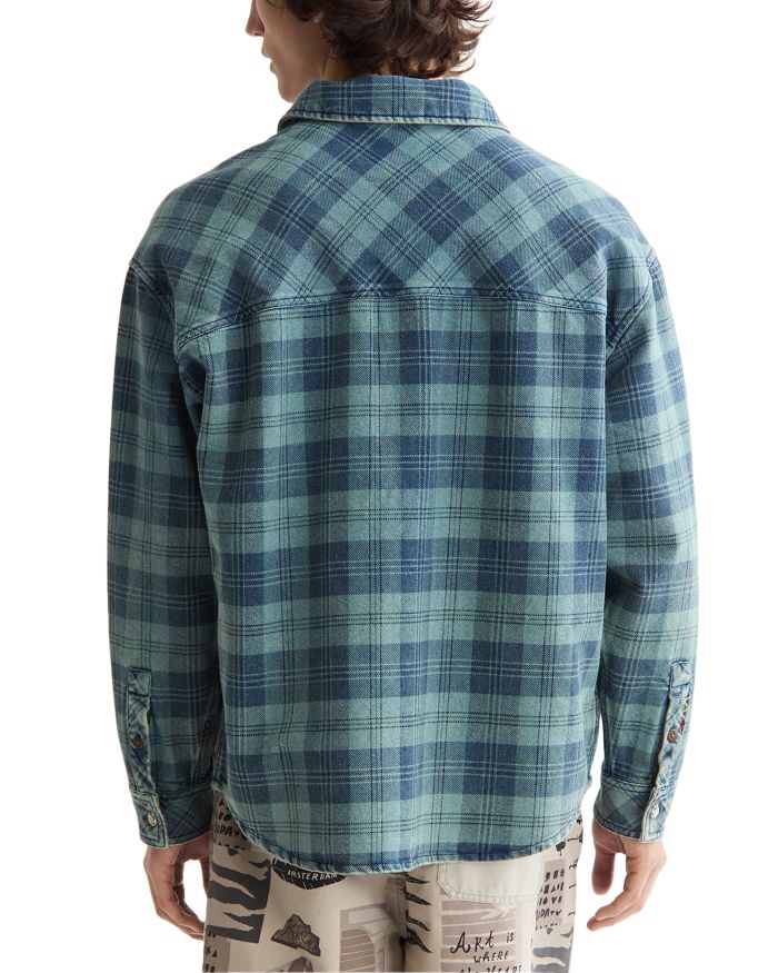 Regular Fit Washed Denim Check Shirt Jacket