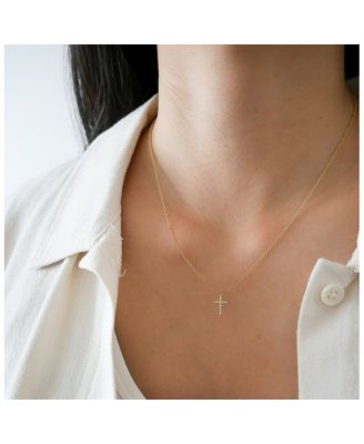 14K Yellow Gold Prong Set Diamond Cross Necklace, 0.32 tcw