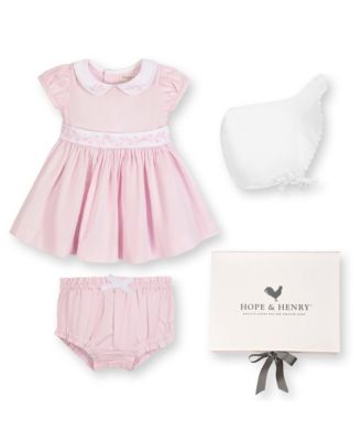 Hope & Henry - Girls' Short Sleeve Sateen Dress with Peter Pan Collar and Bonnet Boxed Gift Set - Baby
