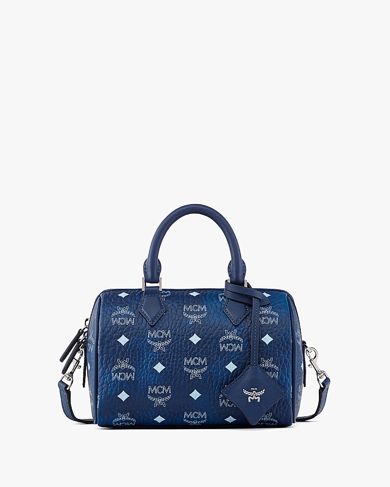 Mcm Small Ella Boston Visetos Monogram Tote Bag In Blue