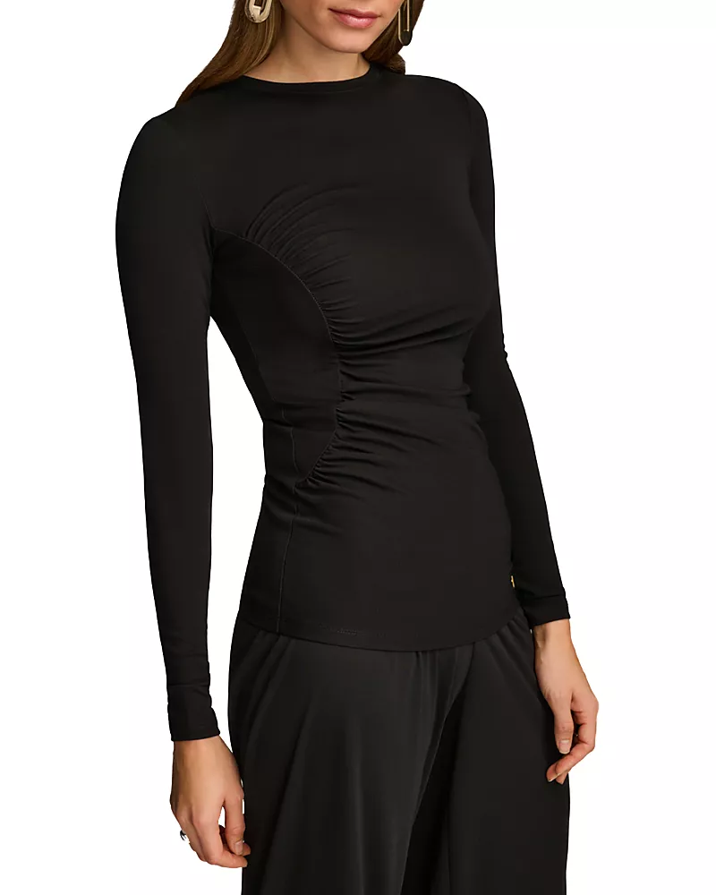 Donna Karan Long Sleeve Gathered Stretch Crepe Tee